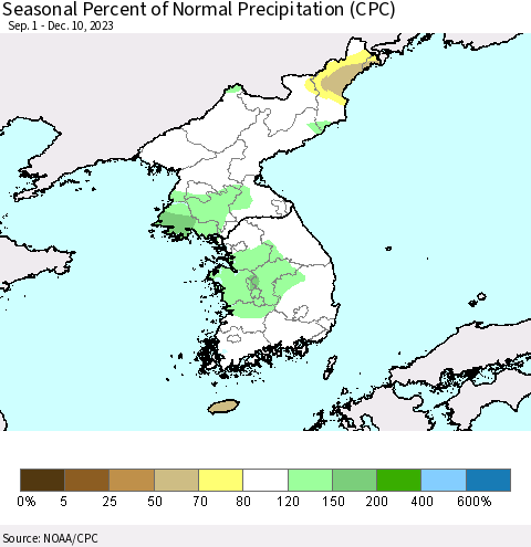 Korea Seasonal Percent of Normal Precipitation (CPC) Thematic Map For 9/1/2023 - 12/10/2023