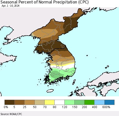 Korea Seasonal Percent of Normal Precipitation (CPC) Thematic Map For 4/1/2024 - 4/10/2024
