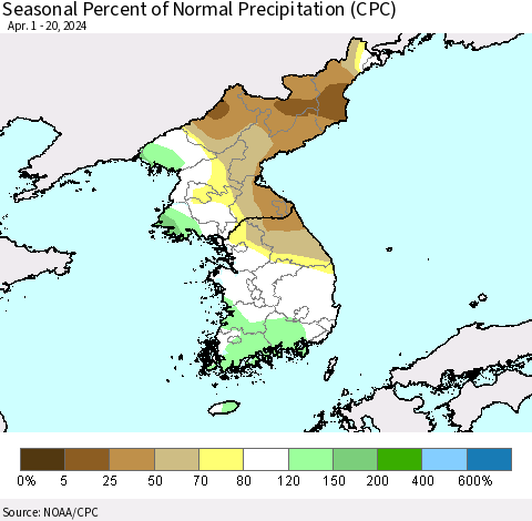 Korea Seasonal Percent of Normal Precipitation (CPC) Thematic Map For 4/1/2024 - 4/20/2024