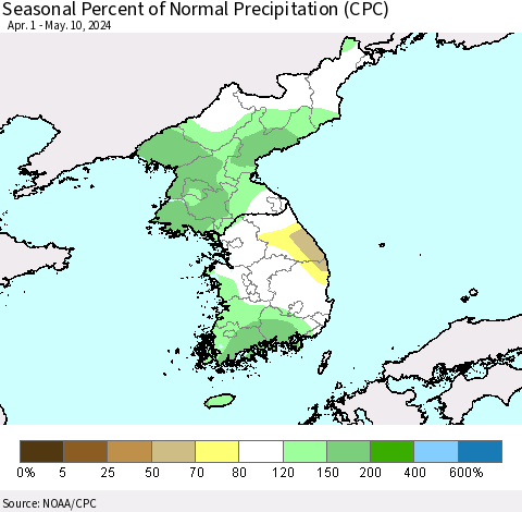 Korea Seasonal Percent of Normal Precipitation (CPC) Thematic Map For 4/1/2024 - 5/10/2024