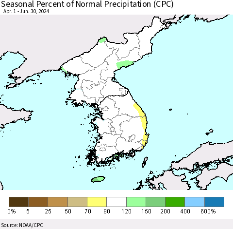 Korea Seasonal Percent of Normal Precipitation (CPC) Thematic Map For 4/1/2024 - 6/30/2024