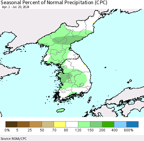 Korea Seasonal Percent of Normal Precipitation (CPC) Thematic Map For 4/1/2024 - 7/20/2024