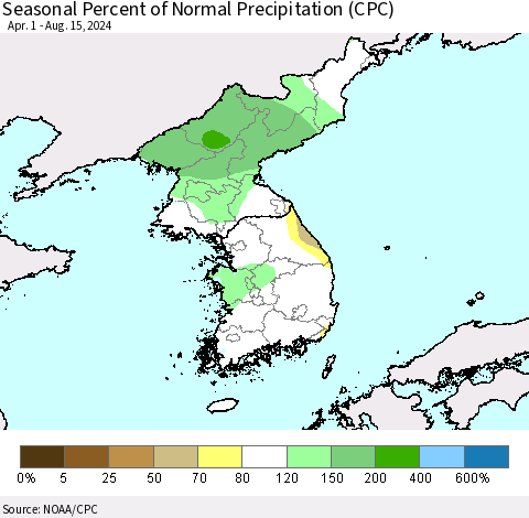 Korea Seasonal Percent of Normal Precipitation (CPC) Thematic Map For 4/1/2024 - 8/15/2024
