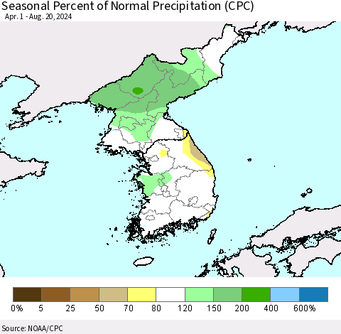 Korea Seasonal Percent of Normal Precipitation (CPC) Thematic Map For 4/1/2024 - 8/20/2024