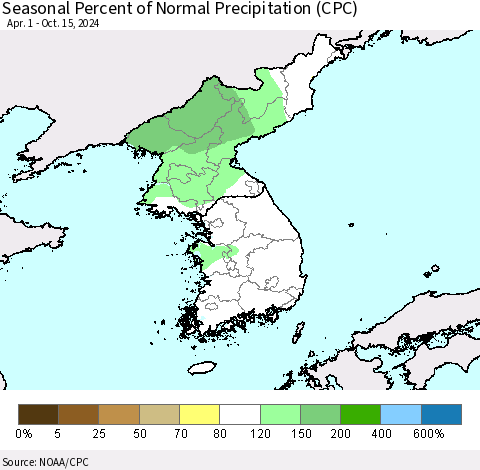 Korea Seasonal Percent of Normal Precipitation (CPC) Thematic Map For 4/1/2024 - 10/15/2024