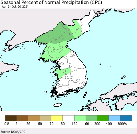 Korea Seasonal Percent of Normal Precipitation (CPC) Thematic Map For 4/1/2024 - 10/20/2024