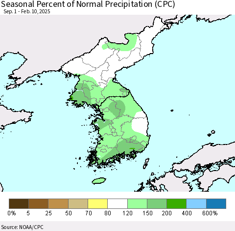 Korea Seasonal Percent of Normal Precipitation (CPC) Thematic Map For 9/1/2024 - 2/10/2025