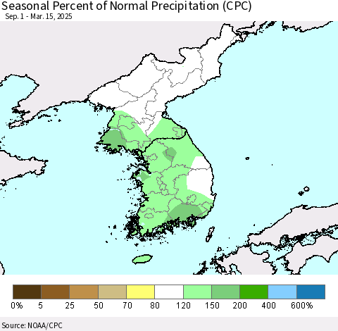 Korea Seasonal Percent of Normal Precipitation (CPC) Thematic Map For 9/1/2024 - 3/15/2025