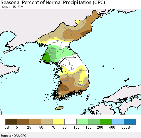 Korea Seasonal Percent of Normal Precipitation (CPC) Thematic Map For 9/1/2024 - 9/15/2024
