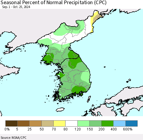 Korea Seasonal Percent of Normal Precipitation (CPC) Thematic Map For 9/1/2024 - 10/25/2024