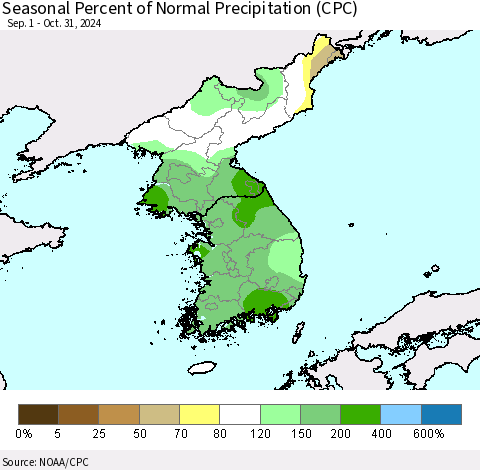 Korea Seasonal Percent of Normal Precipitation (CPC) Thematic Map For 9/1/2024 - 10/31/2024
