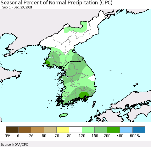 Korea Seasonal Percent of Normal Precipitation (CPC) Thematic Map For 9/1/2024 - 12/20/2024