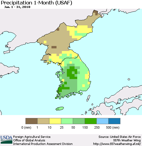 Korea Precipitation 1-Month (USAF) Thematic Map For 1/1/2018 - 1/31/2018