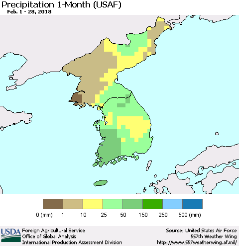Korea Precipitation 1-Month (USAF) Thematic Map For 2/1/2018 - 2/28/2018