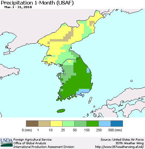 Korea Precipitation 1-Month (USAF) Thematic Map For 3/1/2018 - 3/31/2018