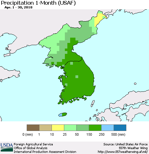 Korea Precipitation 1-Month (USAF) Thematic Map For 4/1/2018 - 4/30/2018