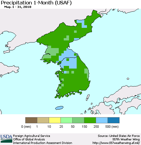Korea Precipitation 1-Month (USAF) Thematic Map For 5/1/2018 - 5/31/2018