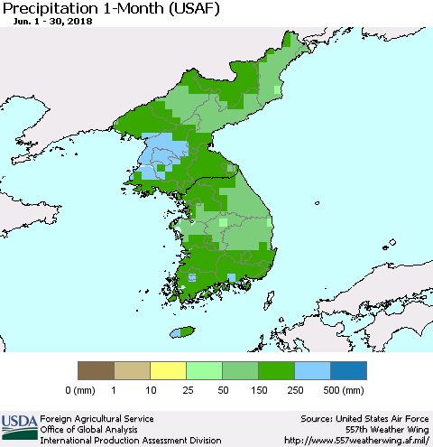 Korea Precipitation 1-Month (USAF) Thematic Map For 6/1/2018 - 6/30/2018