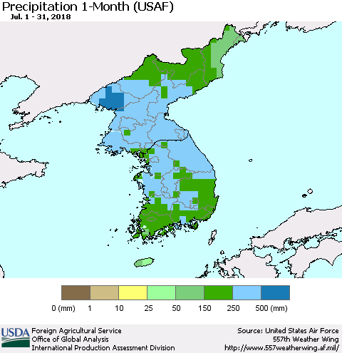 Korea Precipitation 1-Month (USAF) Thematic Map For 7/1/2018 - 7/31/2018