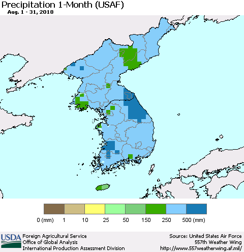 Korea Precipitation 1-Month (USAF) Thematic Map For 8/1/2018 - 8/31/2018