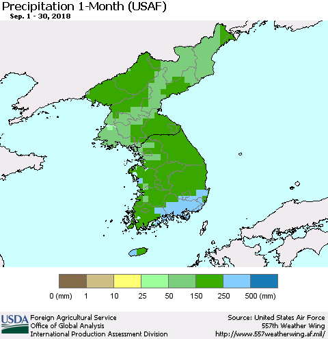 Korea Precipitation 1-Month (USAF) Thematic Map For 9/1/2018 - 9/30/2018