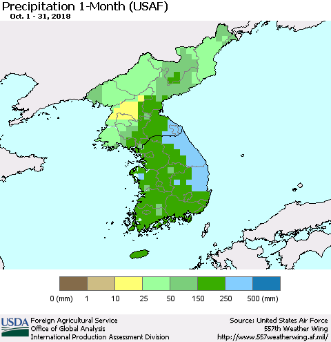 Korea Precipitation 1-Month (USAF) Thematic Map For 10/1/2018 - 10/31/2018