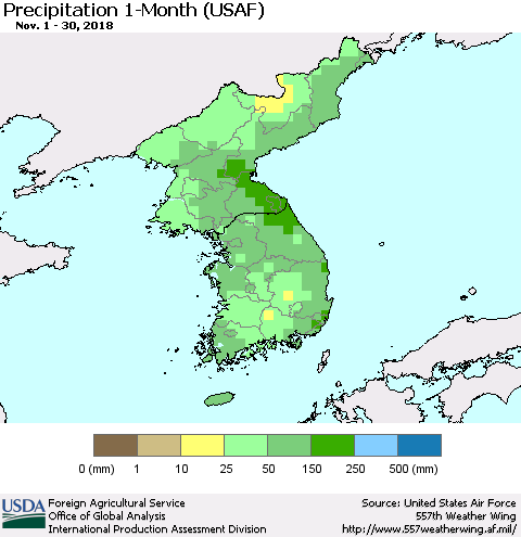 Korea Precipitation 1-Month (USAF) Thematic Map For 11/1/2018 - 11/30/2018