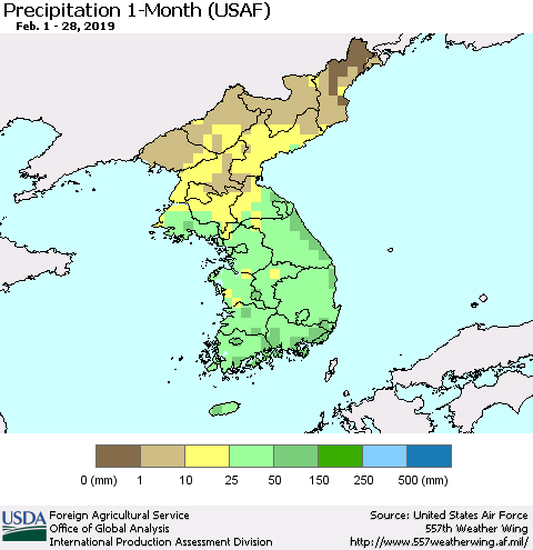 Korea Precipitation 1-Month (USAF) Thematic Map For 2/1/2019 - 2/28/2019