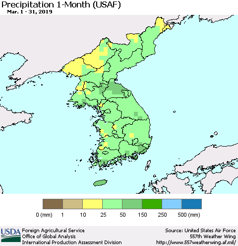 Korea Precipitation 1-Month (USAF) Thematic Map For 3/1/2019 - 3/31/2019