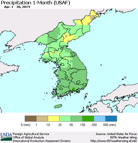 Korea Precipitation 1-Month (USAF) Thematic Map For 4/1/2019 - 4/30/2019