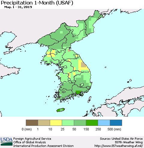 Korea Precipitation 1-Month (USAF) Thematic Map For 5/1/2019 - 5/31/2019