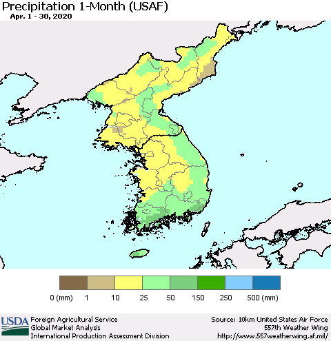 Korea Precipitation 1-Month (USAF) Thematic Map For 4/1/2020 - 4/30/2020
