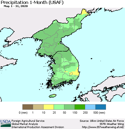Korea Precipitation 1-Month (USAF) Thematic Map For 5/1/2020 - 5/31/2020