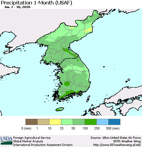 Korea Precipitation 1-Month (USAF) Thematic Map For 6/1/2020 - 6/30/2020