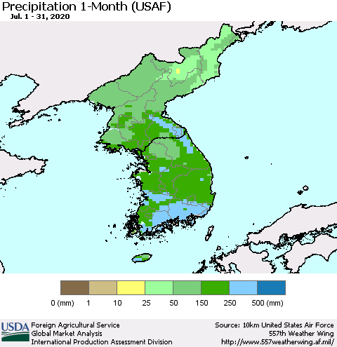 Korea Precipitation 1-Month (USAF) Thematic Map For 7/1/2020 - 7/31/2020