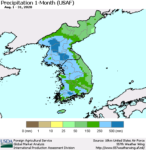 Korea Precipitation 1-Month (USAF) Thematic Map For 8/1/2020 - 8/31/2020