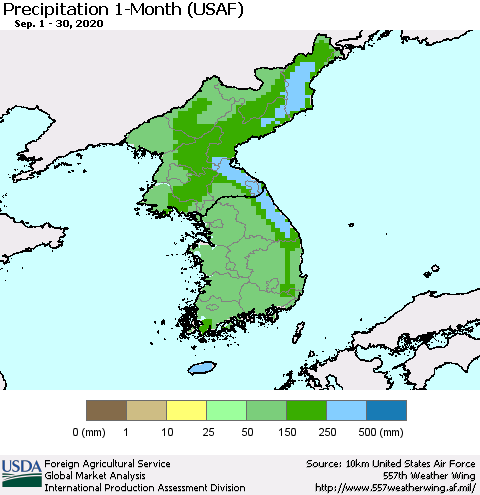 Korea Precipitation 1-Month (USAF) Thematic Map For 9/1/2020 - 9/30/2020