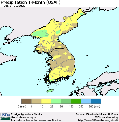Korea Precipitation 1-Month (USAF) Thematic Map For 10/1/2020 - 10/31/2020