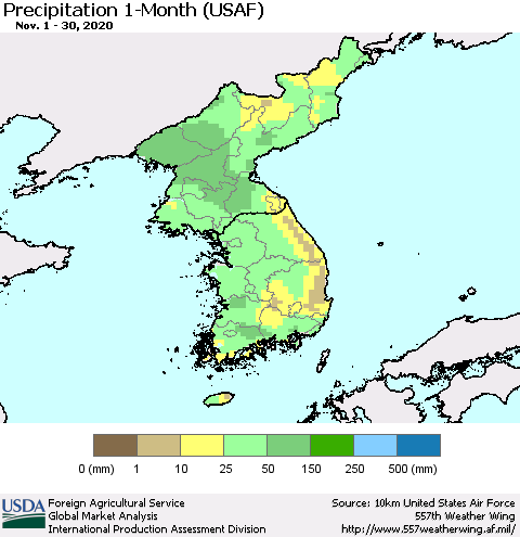 Korea Precipitation 1-Month (USAF) Thematic Map For 11/1/2020 - 11/30/2020