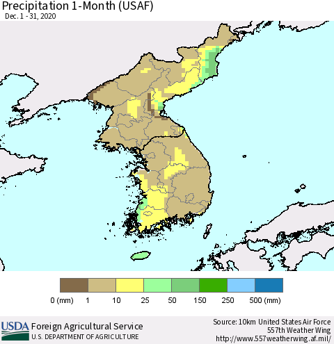 Korea Precipitation 1-Month (USAF) Thematic Map For 12/1/2020 - 12/31/2020