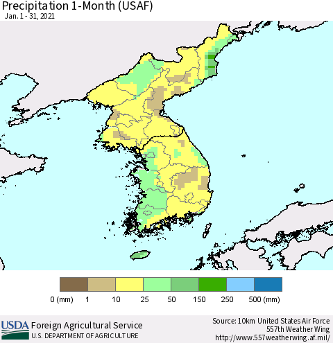 Korea Precipitation 1-Month (USAF) Thematic Map For 1/1/2021 - 1/31/2021