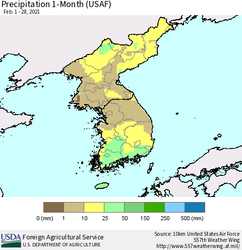 Korea Precipitation 1-Month (USAF) Thematic Map For 2/1/2021 - 2/28/2021