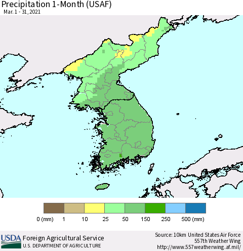 Korea Precipitation 1-Month (USAF) Thematic Map For 3/1/2021 - 3/31/2021