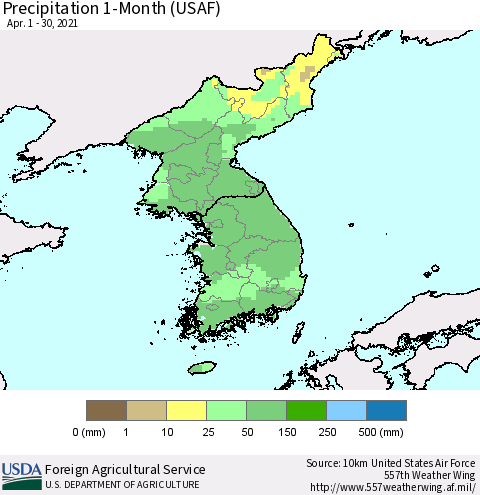 Korea Precipitation 1-Month (USAF) Thematic Map For 4/1/2021 - 4/30/2021
