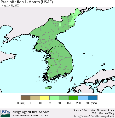 Korea Precipitation 1-Month (USAF) Thematic Map For 5/1/2021 - 5/31/2021