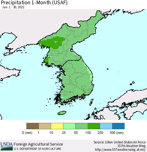 Korea Precipitation 1-Month (USAF) Thematic Map For 6/1/2021 - 6/30/2021