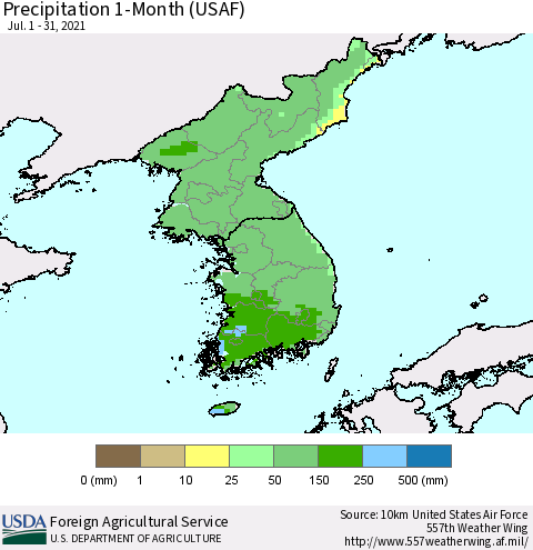 Korea Precipitation 1-Month (USAF) Thematic Map For 7/1/2021 - 7/31/2021