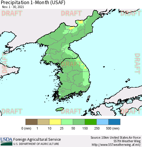Korea Precipitation 1-Month (USAF) Thematic Map For 11/1/2021 - 11/30/2021