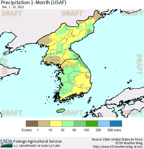 Korea Precipitation 1-Month (USAF) Thematic Map For 12/1/2021 - 12/31/2021