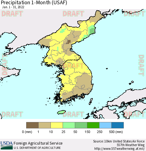 Korea Precipitation 1-Month (USAF) Thematic Map For 1/1/2022 - 1/31/2022